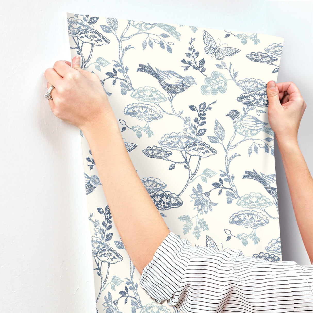 Malmo Blue Trail Wallpaper with Birds and Butterflies Farmhouse Sure Strip - Chesapeake 3125-72316