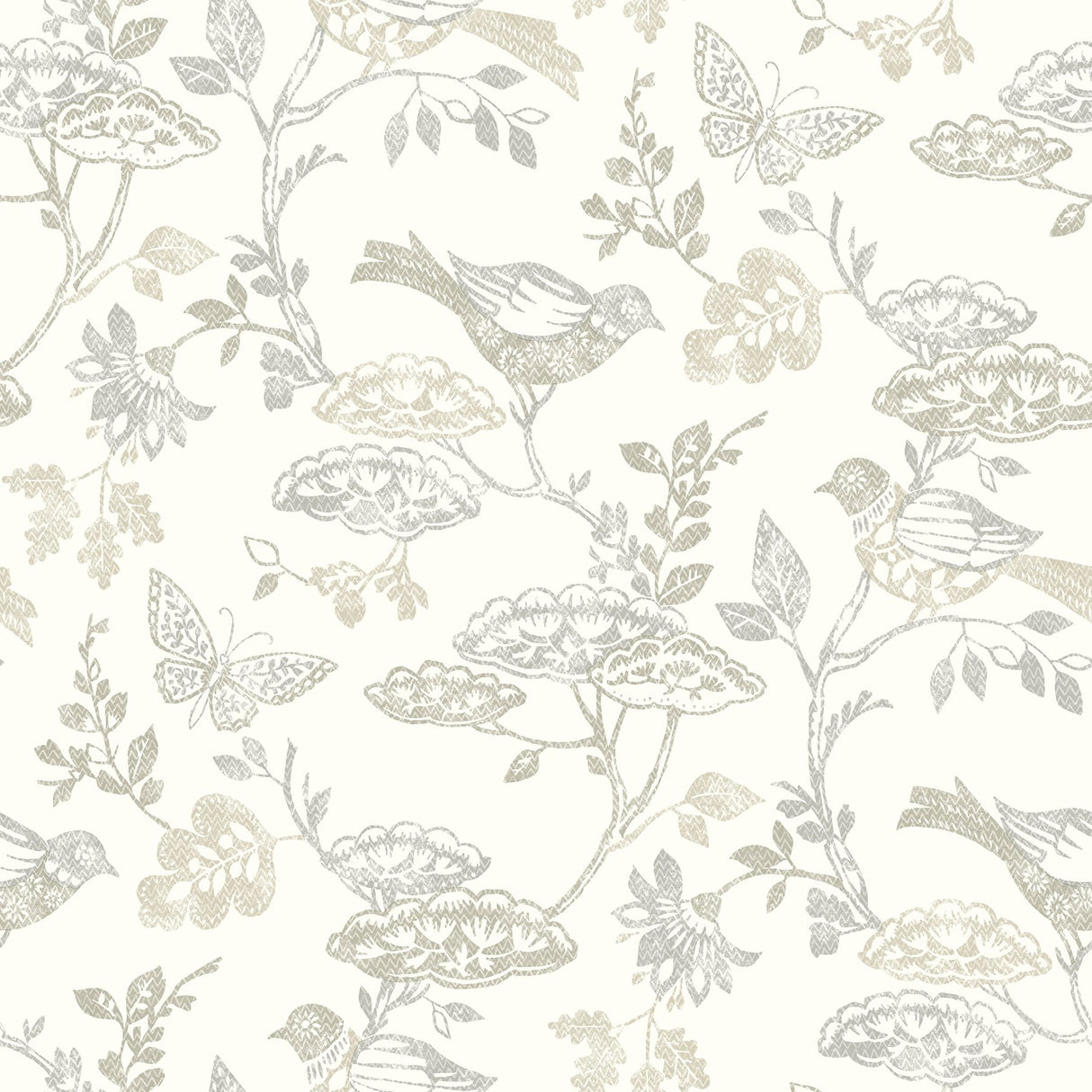 Malmo Grey Trail Wallpaper with Birds and Butterflies Pattern - Chesapeake 3125-72317