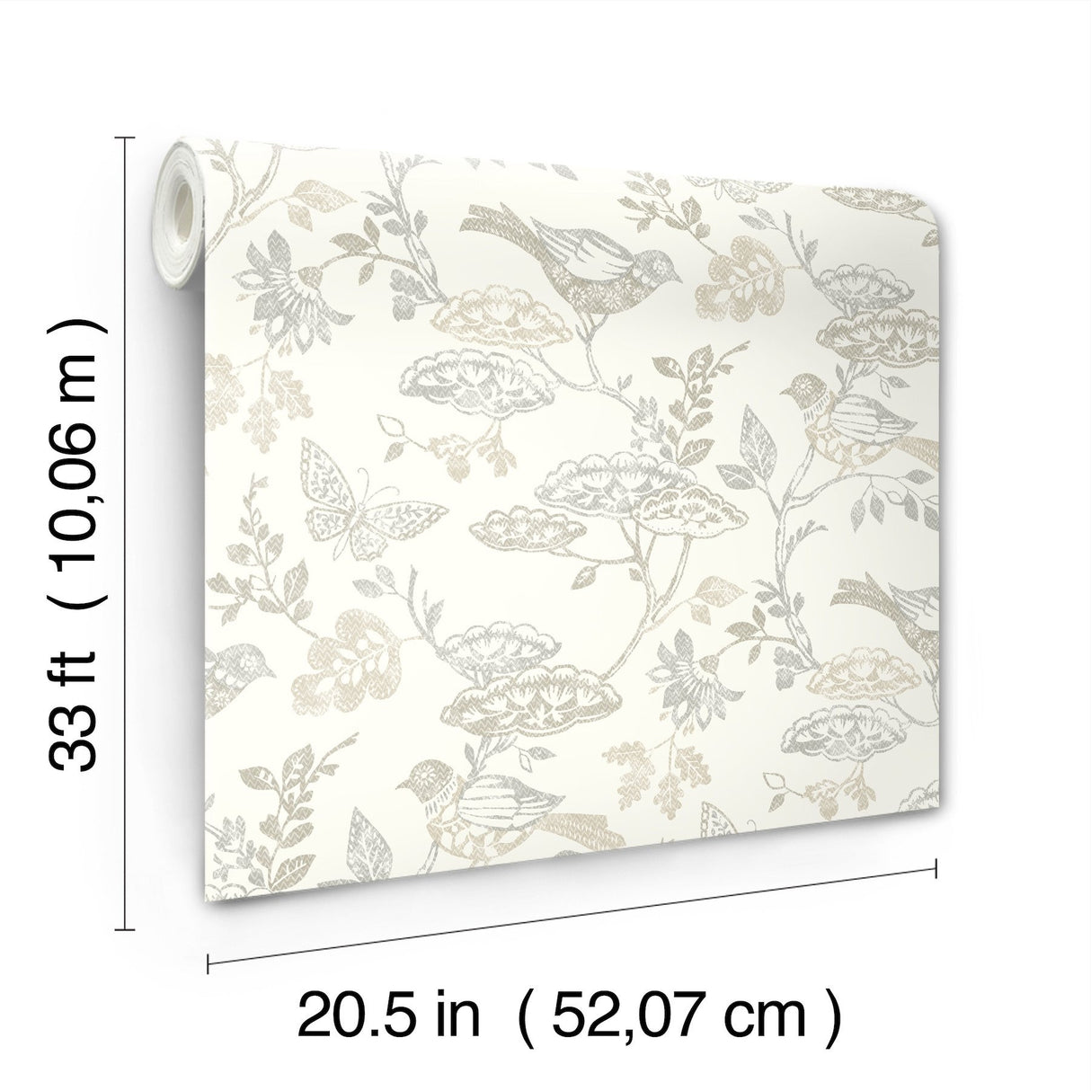 Malmo Grey Trail Wallpaper with Birds and Butterflies Pattern - Chesapeake 3125-72317
