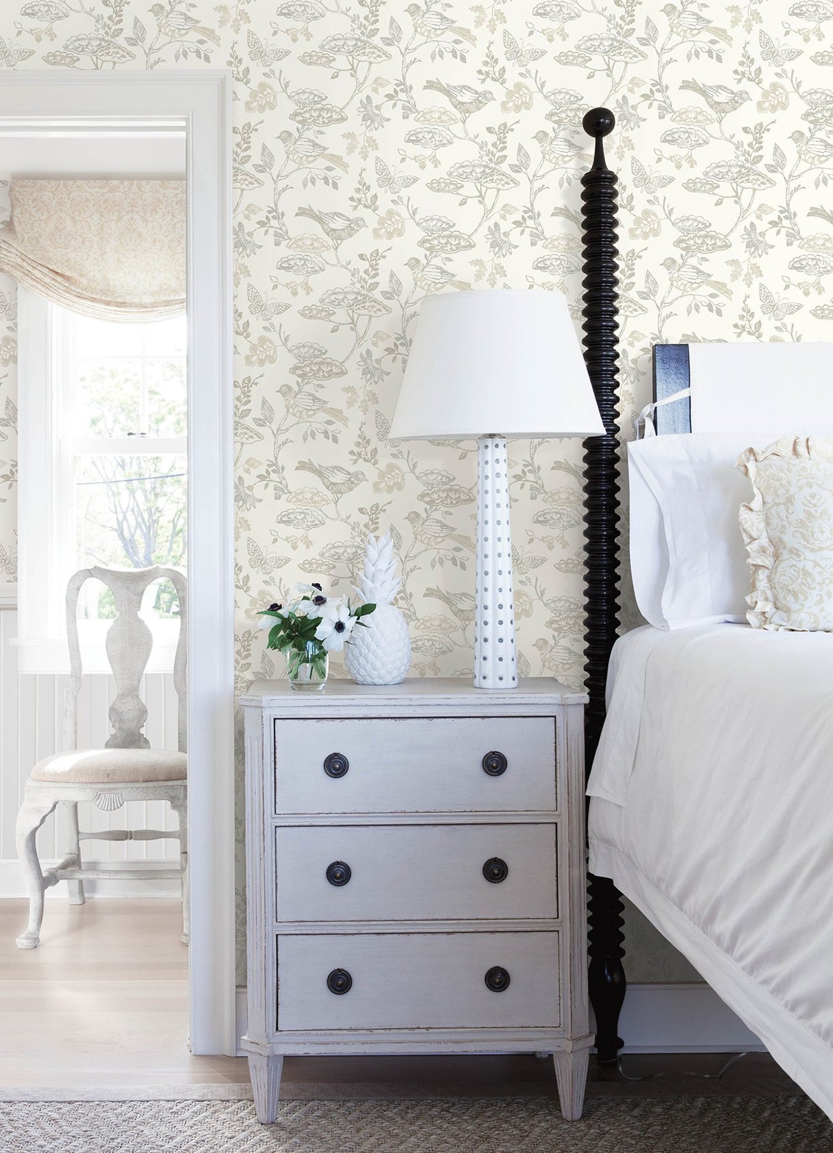 Malmo Grey Trail Wallpaper with Birds and Butterflies Pattern - Chesapeake 3125-72317