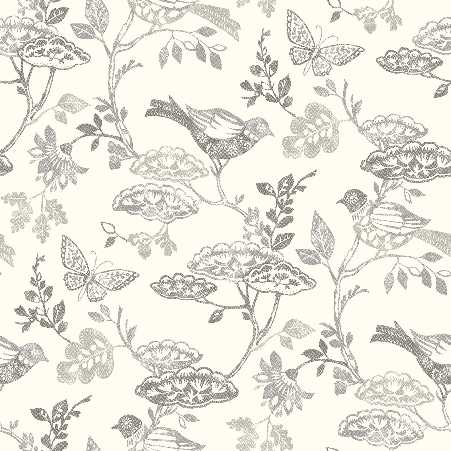 Malmo Black Trail Wallpaper with Birds and Butterfly Farmhouse Pattern - Chesapeake 3125-72319