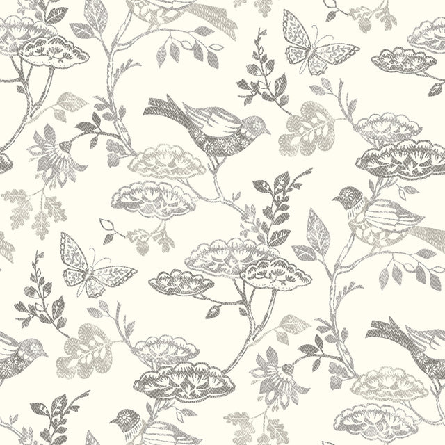 Malmo Black Trail Wallpaper with Birds and Butterfly Farmhouse Pattern - Chesapeake 3125-72319