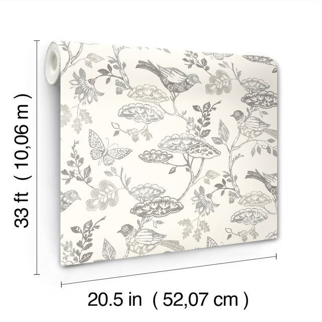 Malmo Black Trail Wallpaper with Birds and Butterfly Farmhouse Pattern - Chesapeake 3125-72319