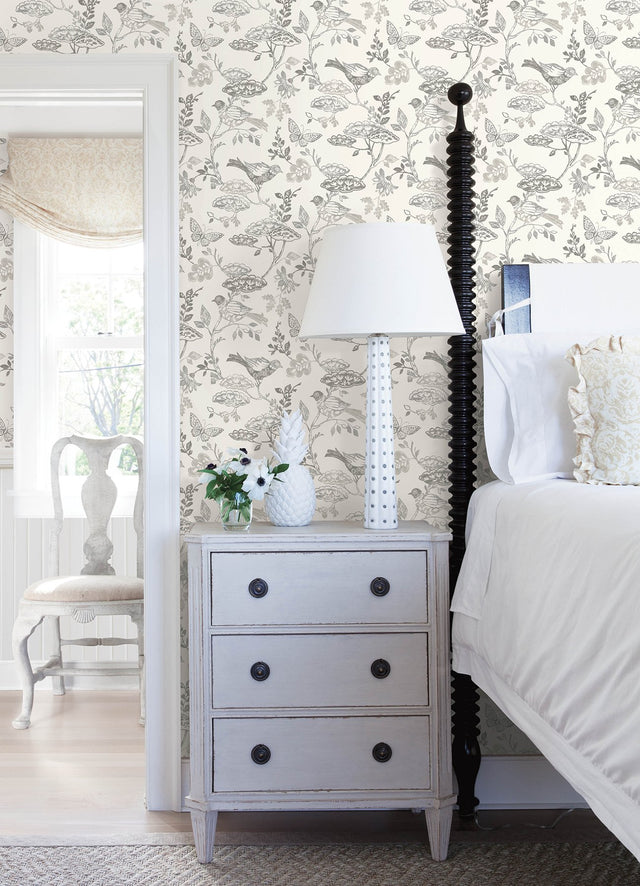 Malmo Black Trail Wallpaper with Birds and Butterfly Farmhouse Pattern - Chesapeake 3125-72319