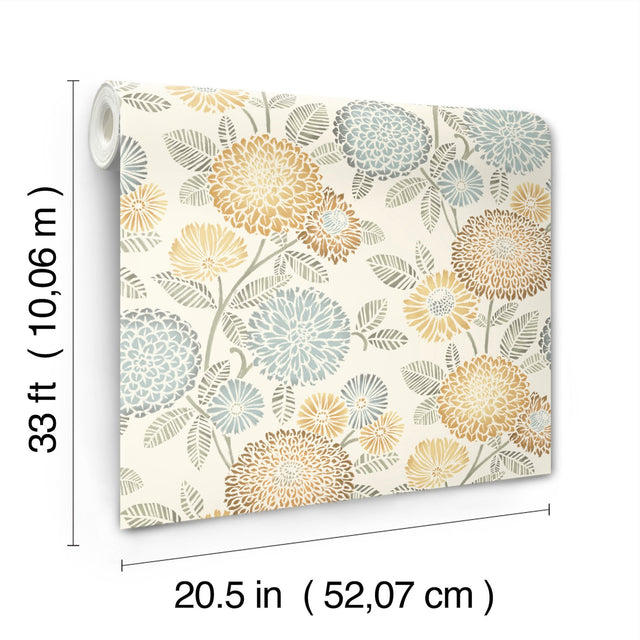 Zalipie Apricot Floral Trail Wallpaper with Bohemian Botanical Flower Motif - Brewster 3125-72326