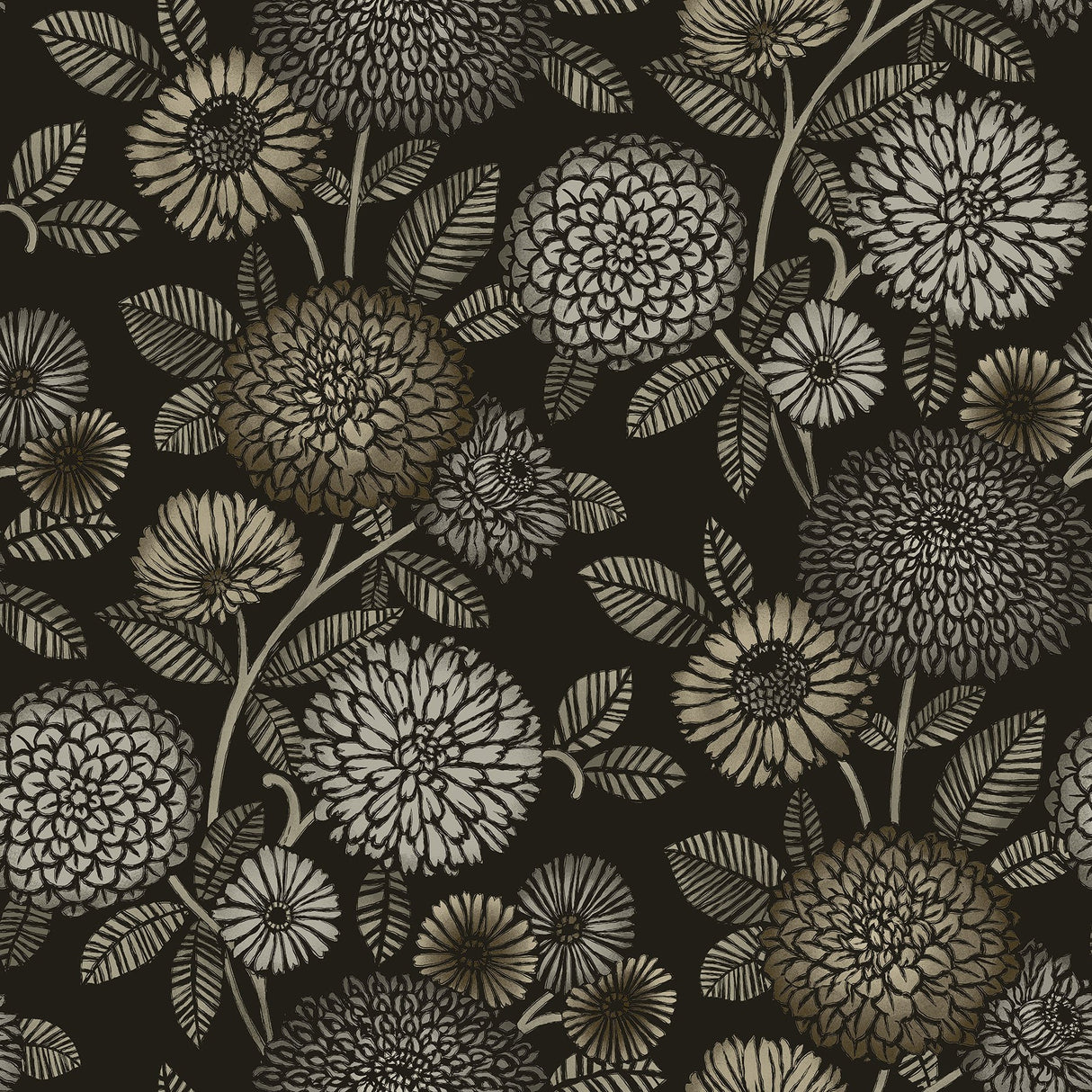 Zalipie Black Floral Trail Wallpaper with Botanical Flower Motif - Chesapeake 3125-72327