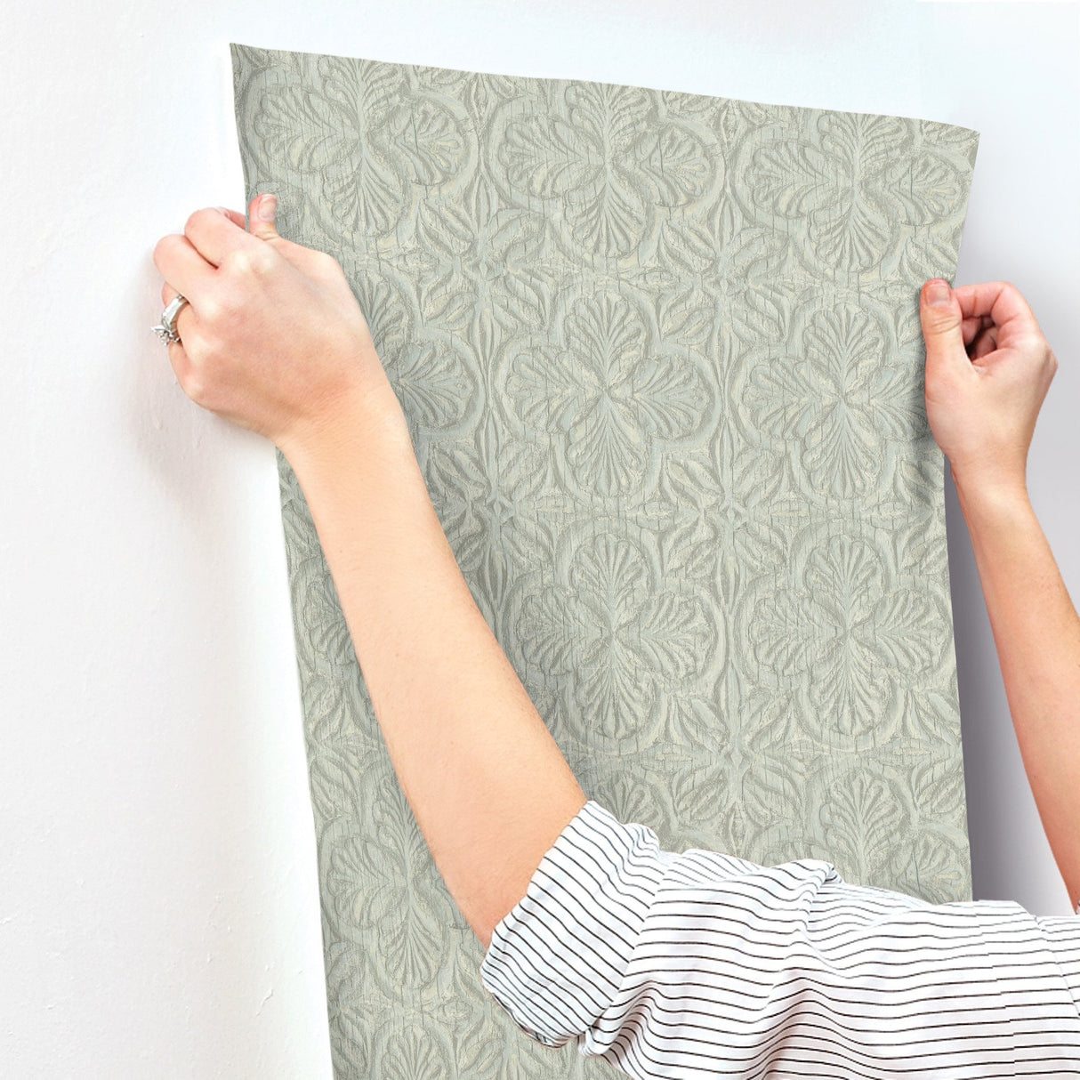 Karachi Light Blue Wooden Damask Wallpaper with Raised Ink Farmhouse Sure Strip - Chesapeake 3125-72332