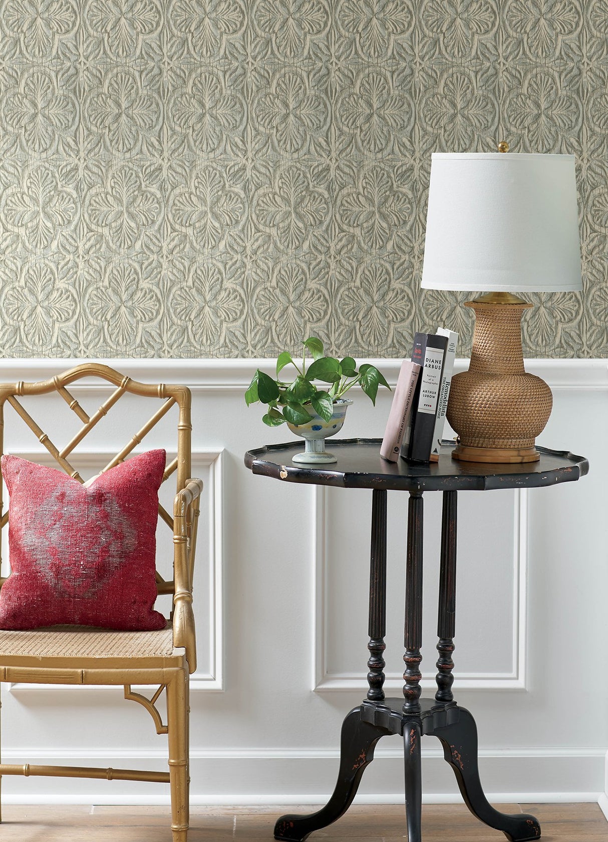 Karachi Aqua Wooden Damask Wallpaper with Farmhouse Graphic Damask Pattern - Chesapeake 3125-72335