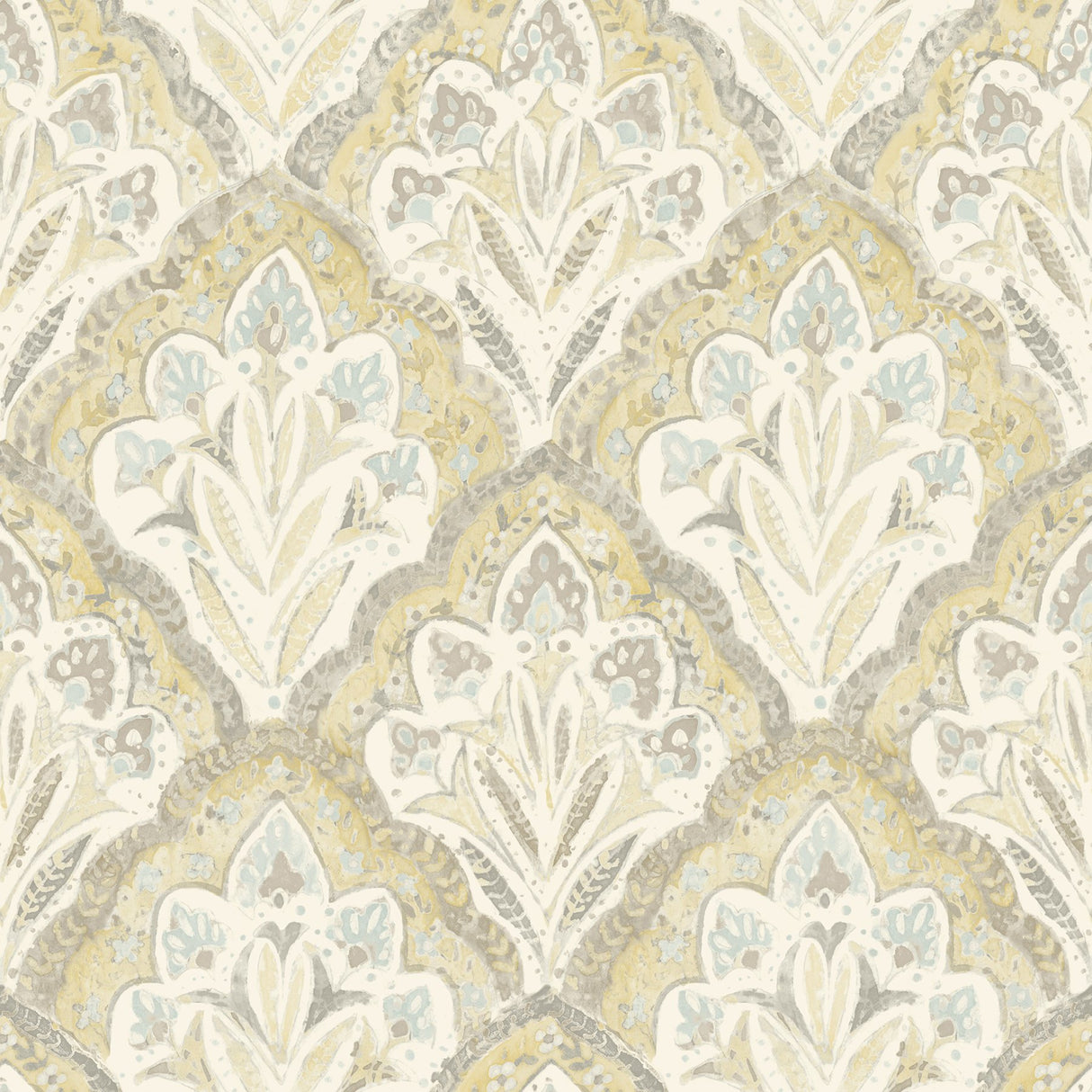 Mimir Mustard Quilted Damask Wallpaper with Farmhouse Botanical Motif - Chesapeake 3125-72338