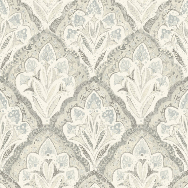 Mimir Grey Quilted Damask Wallpaper with Farmhouse Botanical Damask Pattern - Chesapeake 3125-72340