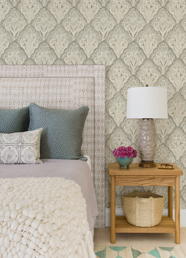 Mimir Grey Quilted Damask Wallpaper with Farmhouse Botanical Damask Pattern - Chesapeake 3125-72340