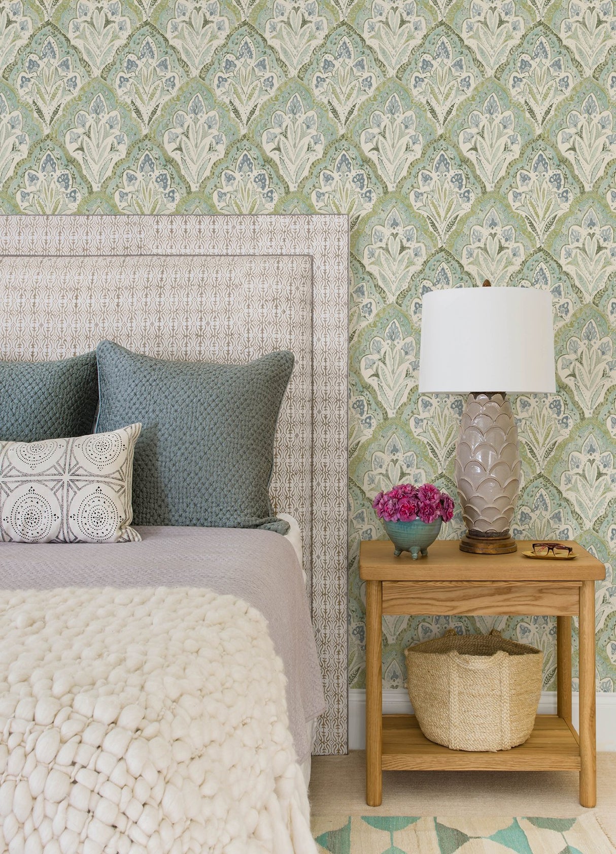 Mimir Aquamarine Quilted Damask Wallpaper with Botanical Farmhouse Style - Chesapeake 3125-72341