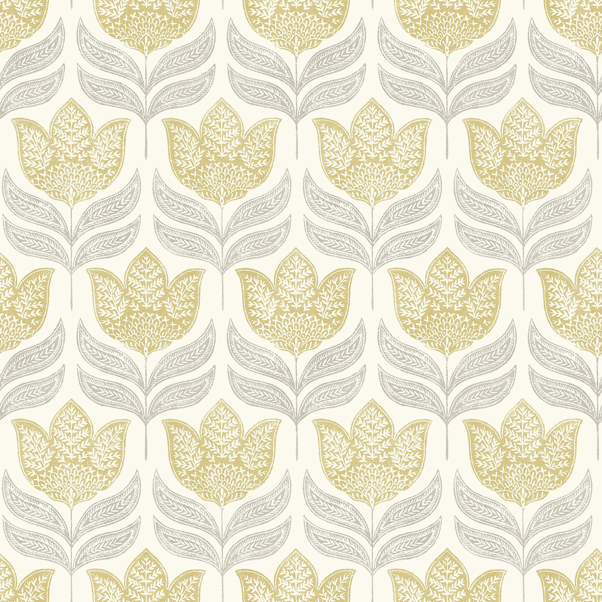 Cathal Mustard Tulip Block Print Wallpaper with Botanical Scandinavian Motif - Chesapeake 3125-72342