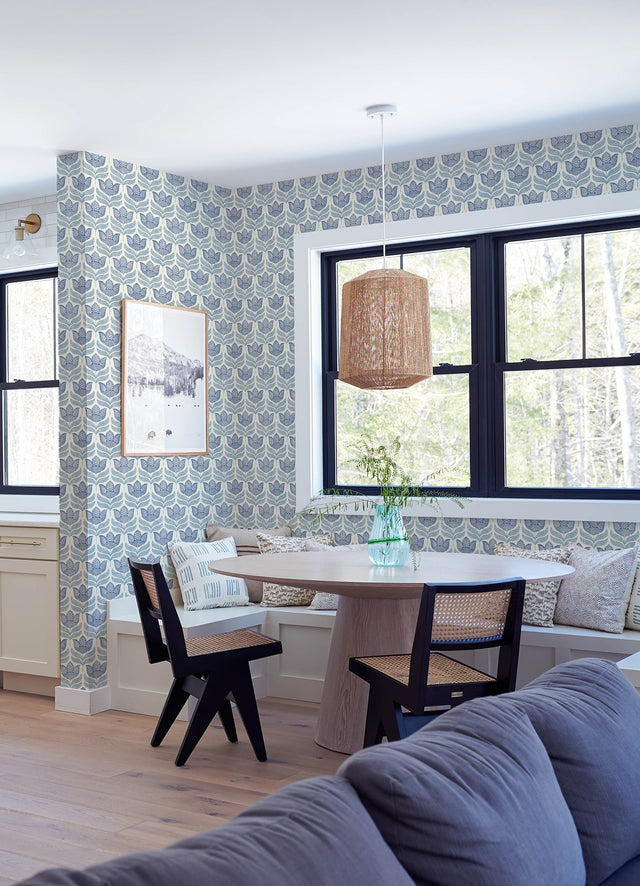 Cathal Blue Tulip Block Print Wallpaper with Scandinavian Botanical Floral Pattern - Chesapeake 3125-72345