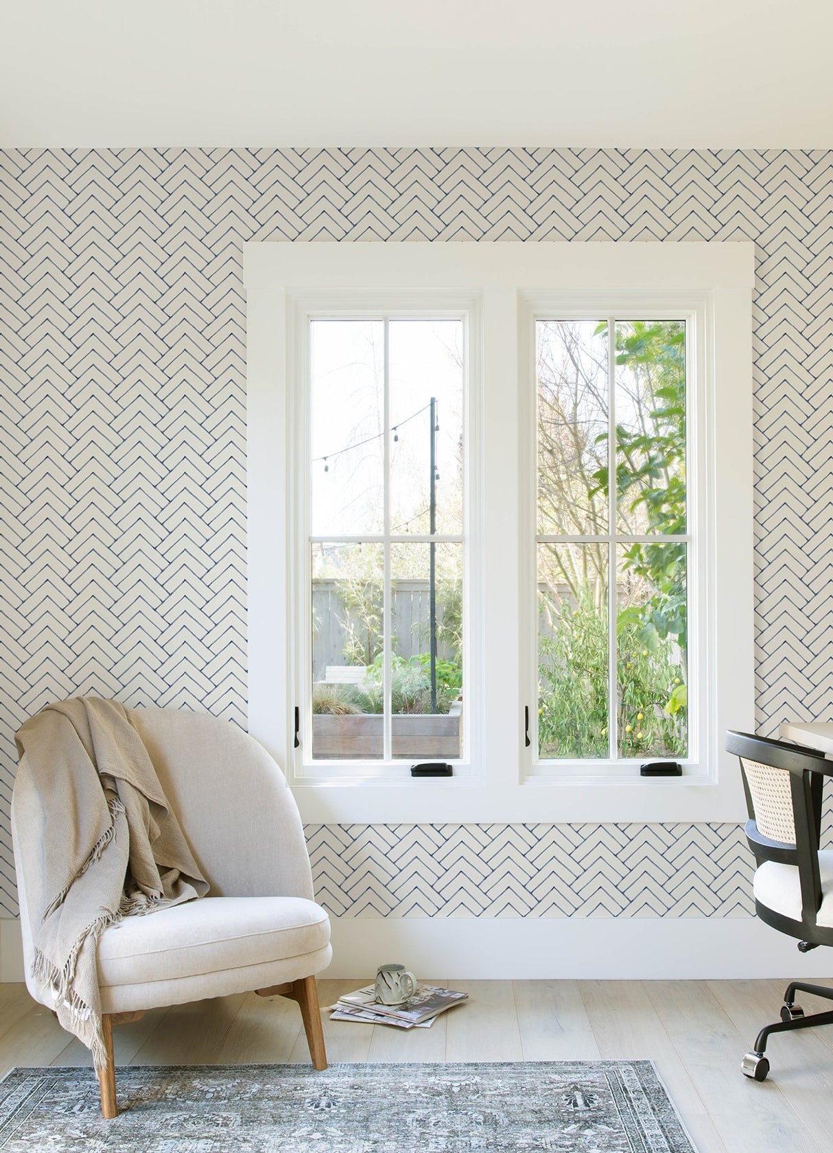 Oswin Navy Tiered Herringbone Wallpaper with Farmhouse Chevron Graphics - Chesapeake 3125-72363
