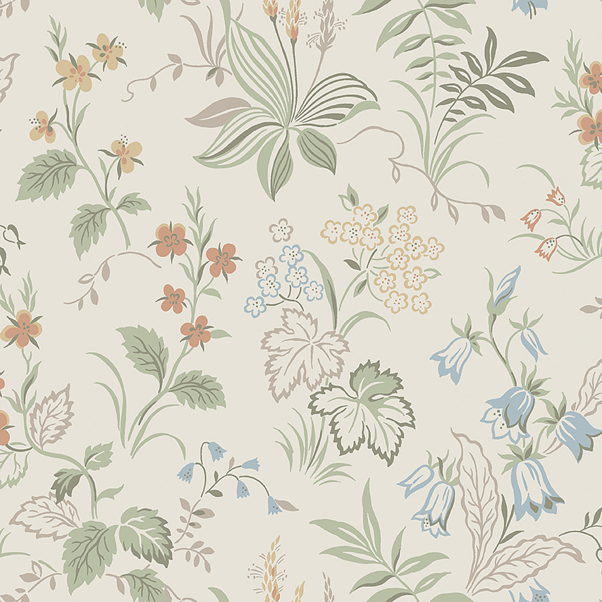 Folklore wallpaper in ivory and multi by Boråstapeter for Schumacher, featuring Scandinavian meadow-inspired floral design.