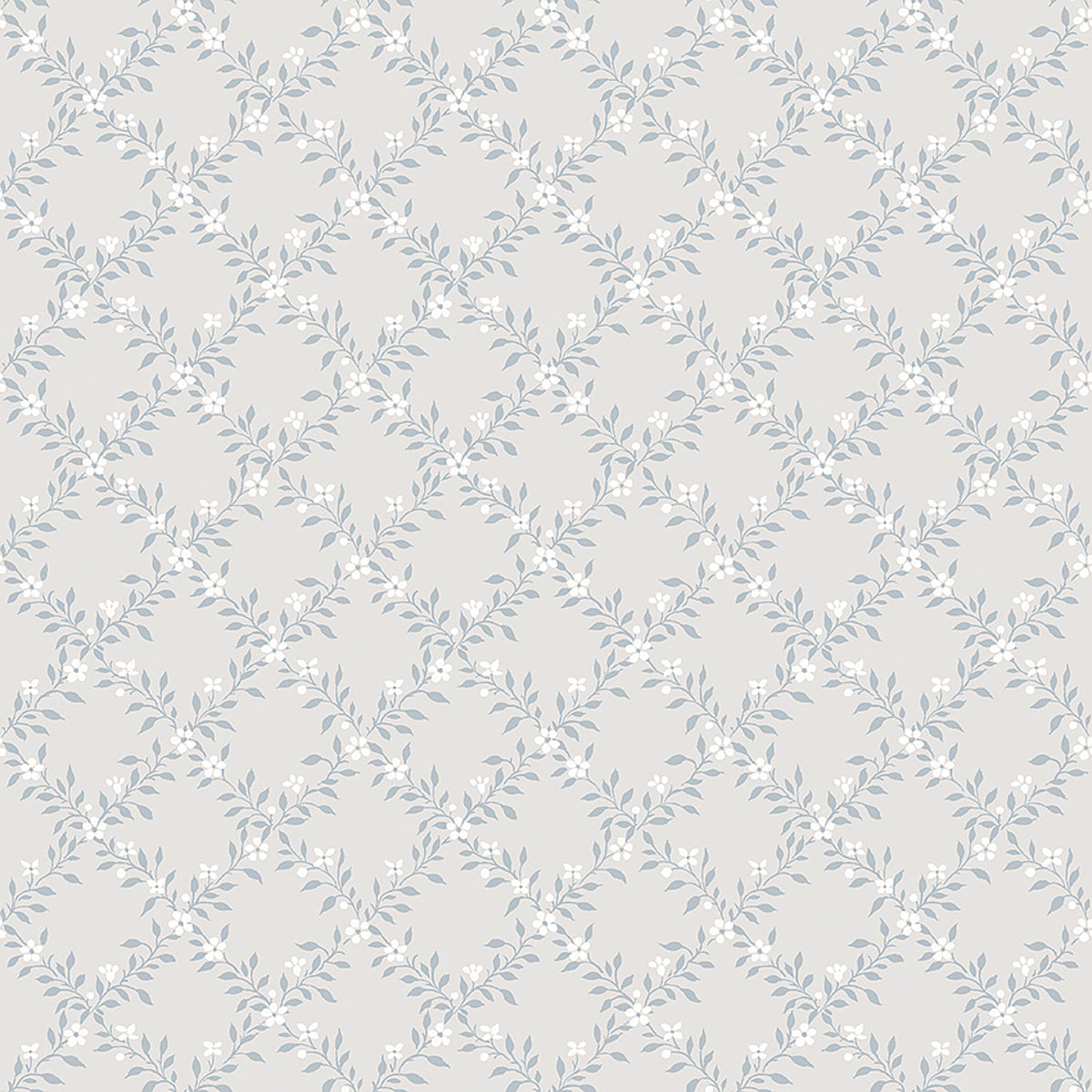 SOMMARSLÖJA blue floral lattice wallpaper by Boråstapeter for Schumacher, classic 1950s hand-painted design with delicate flowers and leaves.