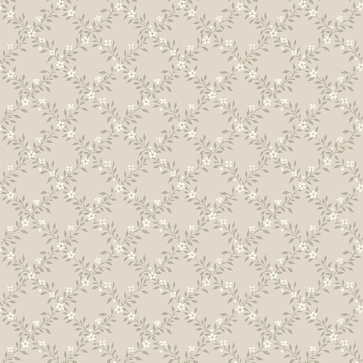 Sommarslöja Sage by Boråstapeter, a classic floral lattice wallpaper with delicate leaves and flowers in a soft green colorway.