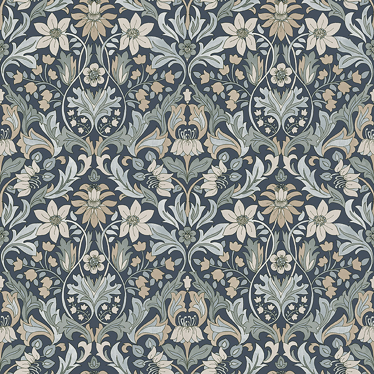 Blomsterfröjd Indigo wallpaper by Boråstapeter for Schumacher, featuring an Arts and Crafts floral pattern in blue and neutral tones.
