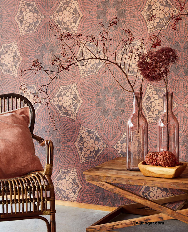 Terra Boho Flower Metallic Wall Mural with Bohemian Floral Medallion Pattern - Eijffinger EJ376094