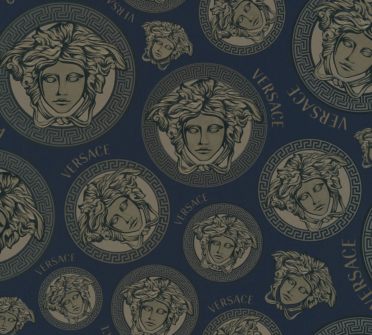 Versace Monarch wallpaper in Midnight Sky featuring Medusa medallion motifs with Greek key borders on a deep blue ground.