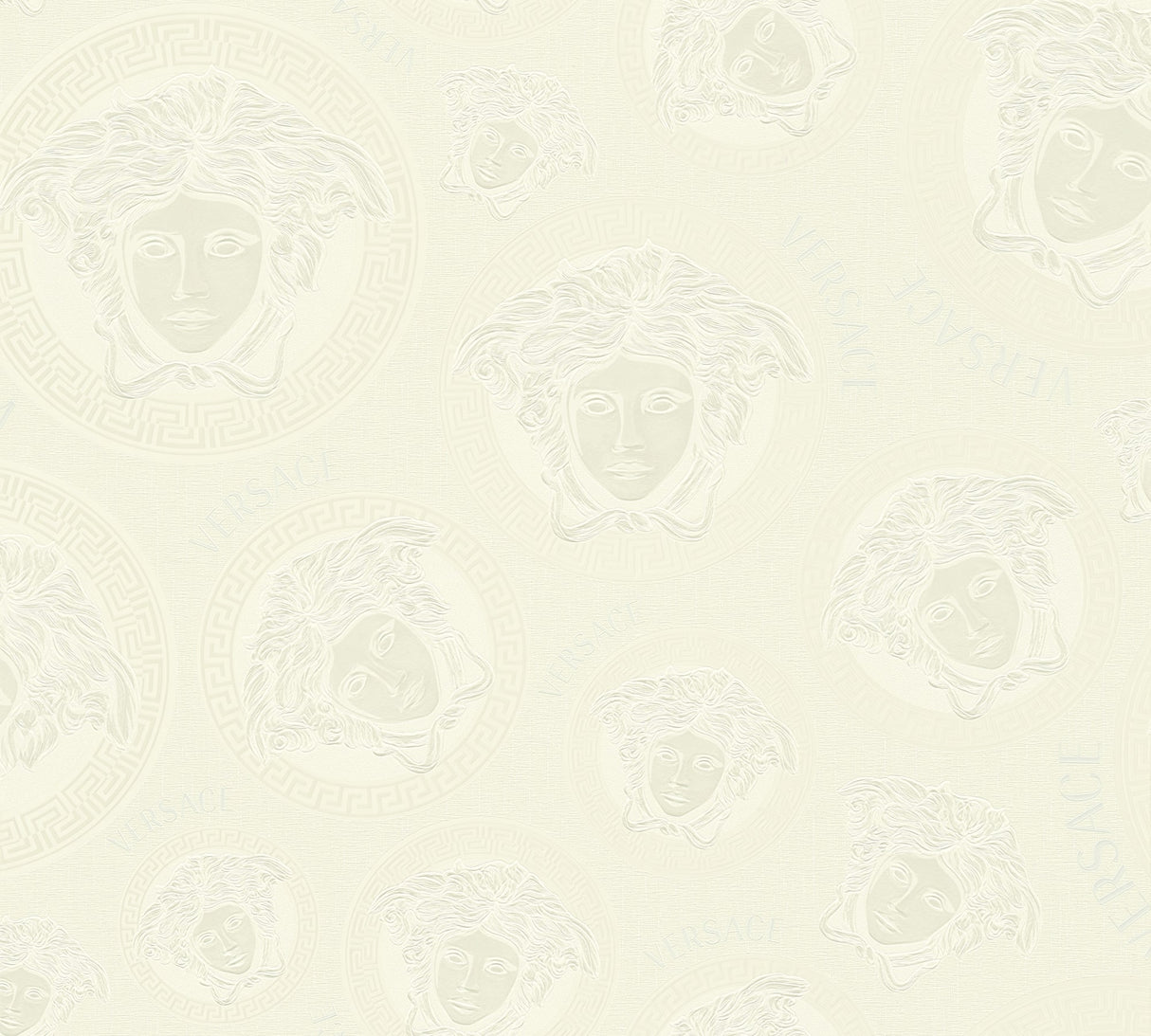 Versace Monarch wallpaper in Papyrus with embossed medallion motif and satin finish