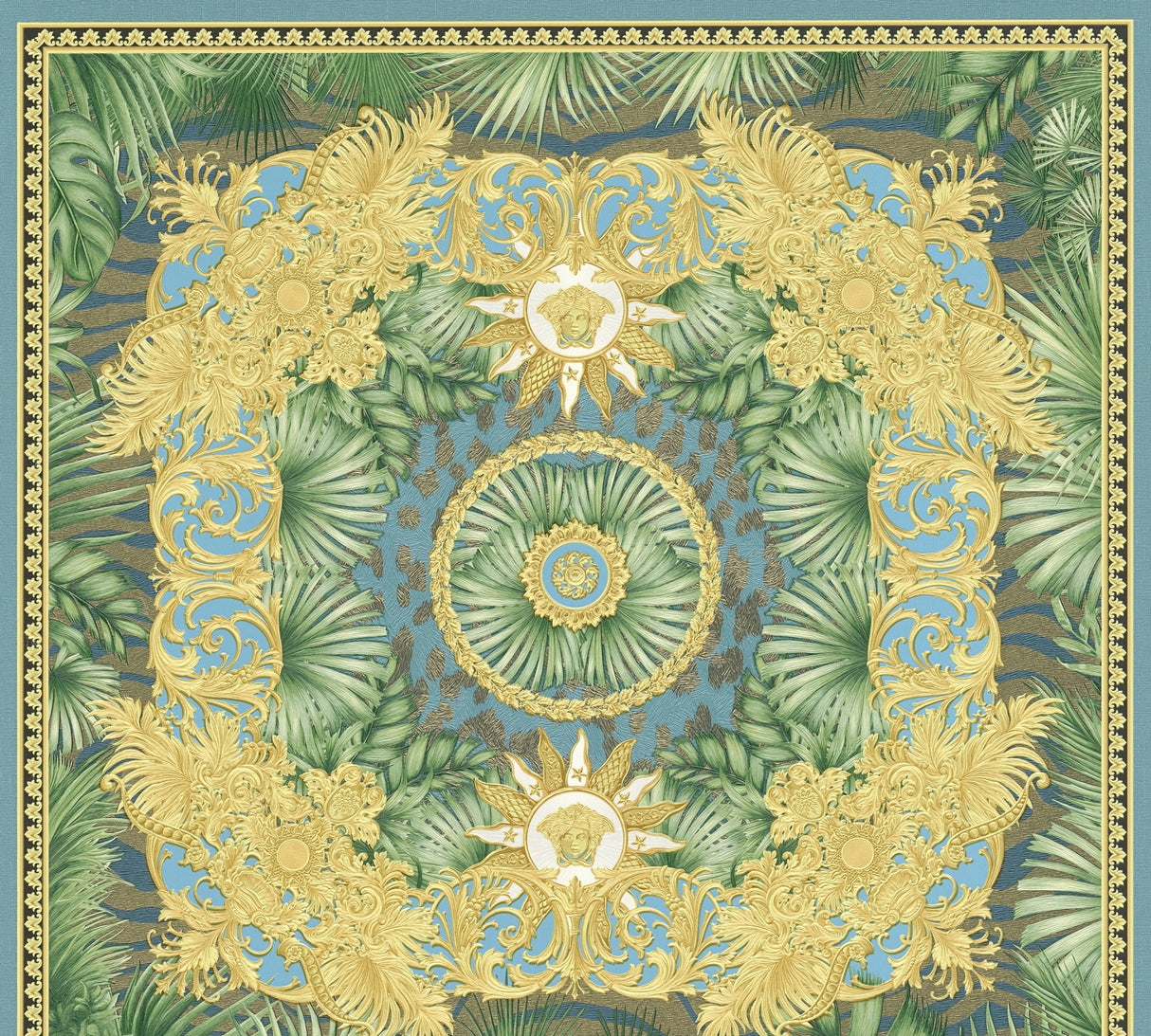 Versace Mirage Brilliance medallion wallpaper with tropical leaves and ornate gold detailing