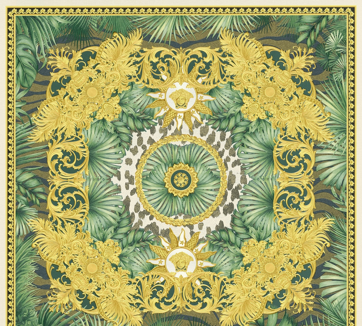 Versace Mirage Huescape medallion and tropical leaf motif wallpaper in green with ornate gold detailing