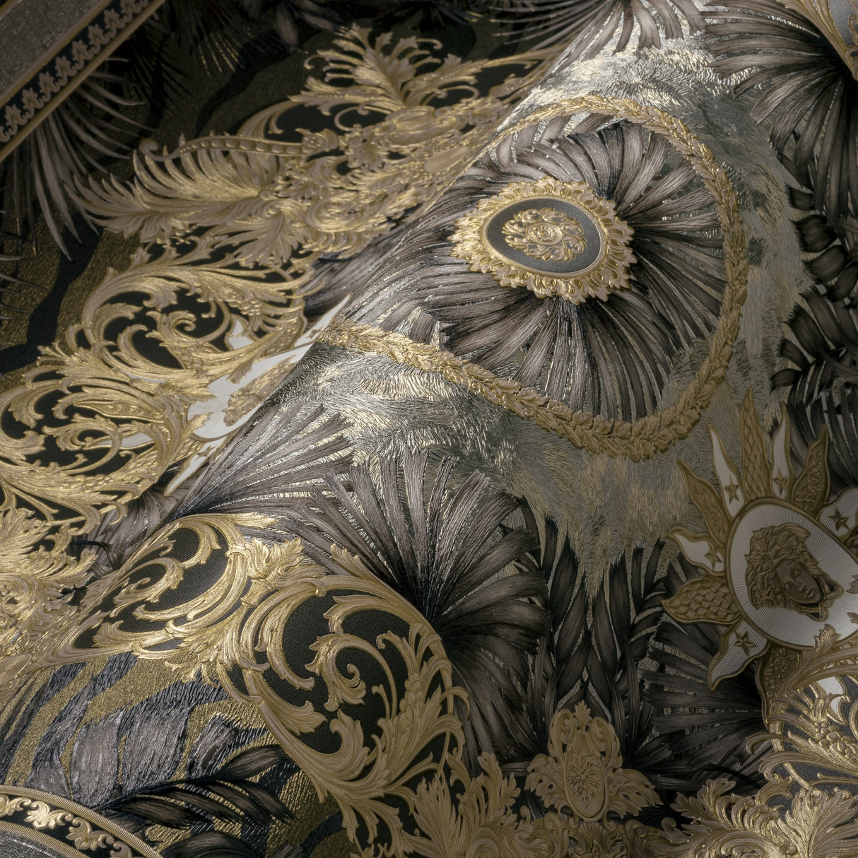 Mirage Grey and Gold by Versace Volume 5 Ornate Medallion Vinyl Wallpaper – Versace 387035X