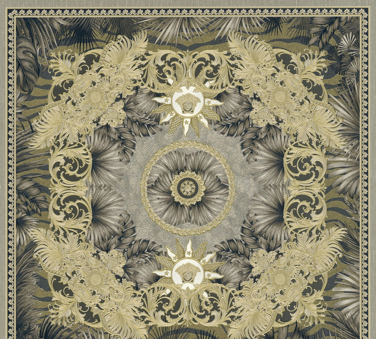 Versace Mirage grey and gold ornate medallion and palm motif vinyl wallpaper