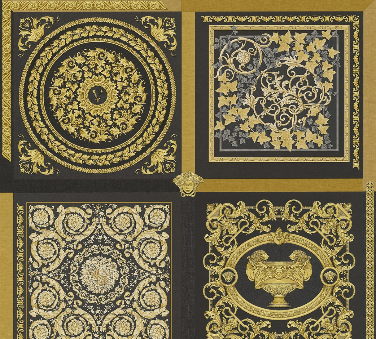 Reverie Honey Bee medallion wallpaper in black and gold with ornate framed motifs