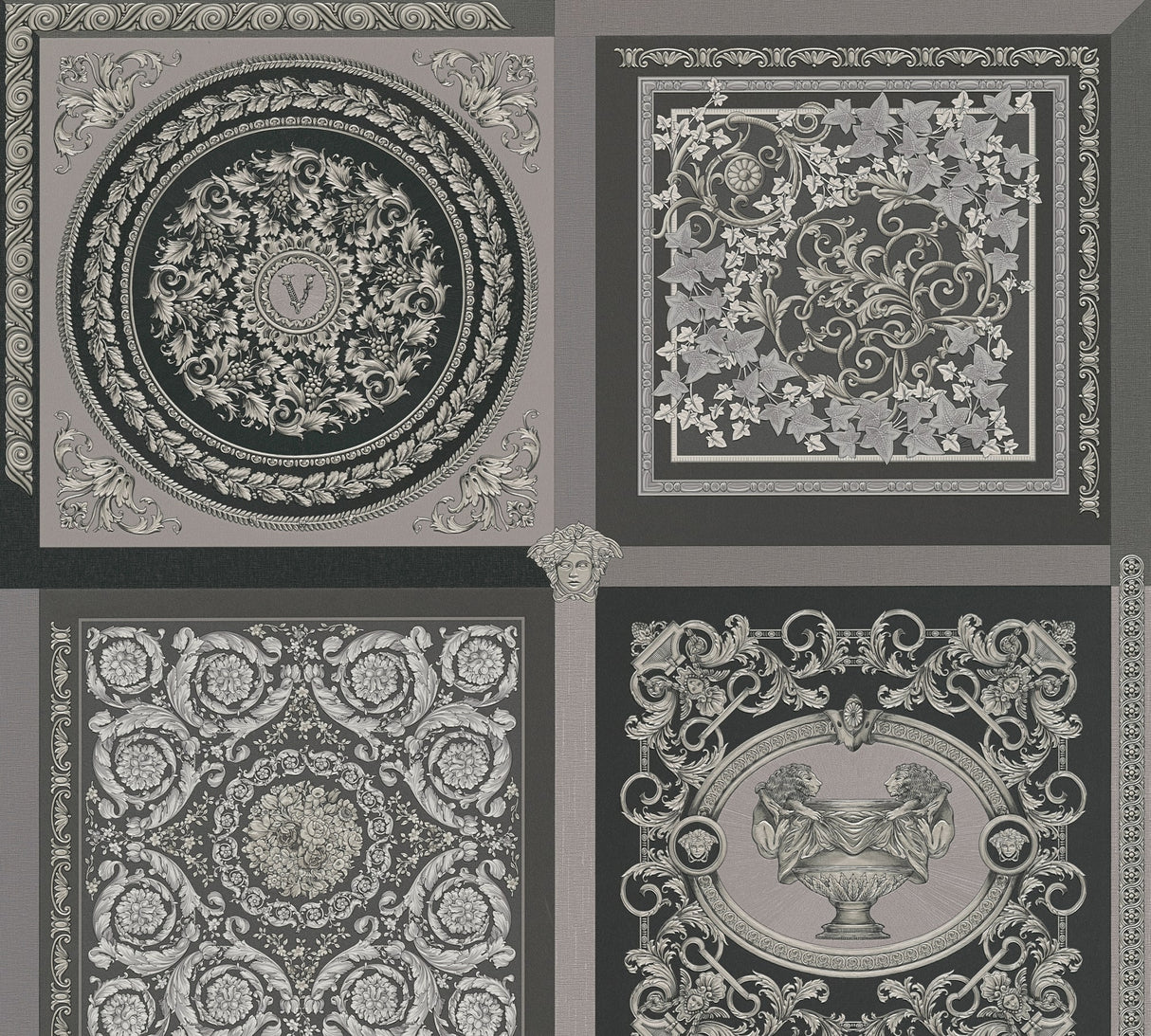 Versace Reverie medallion panel wallpaper in heather grey with ornate classical motifs.