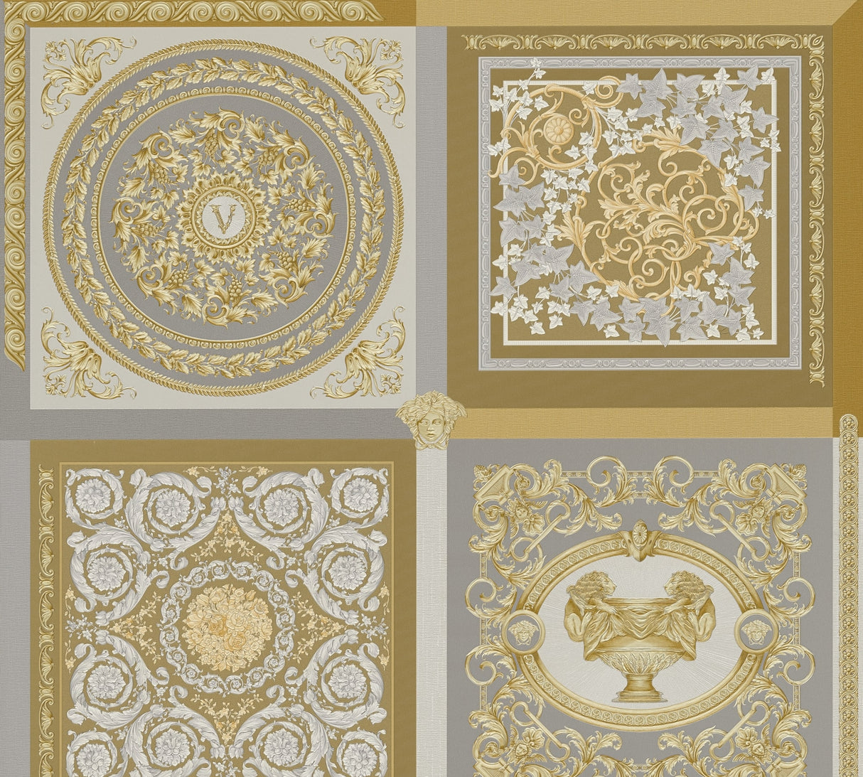 Ornate gold medallion and classical motif wallpaper in a panelled layout with metallic accents