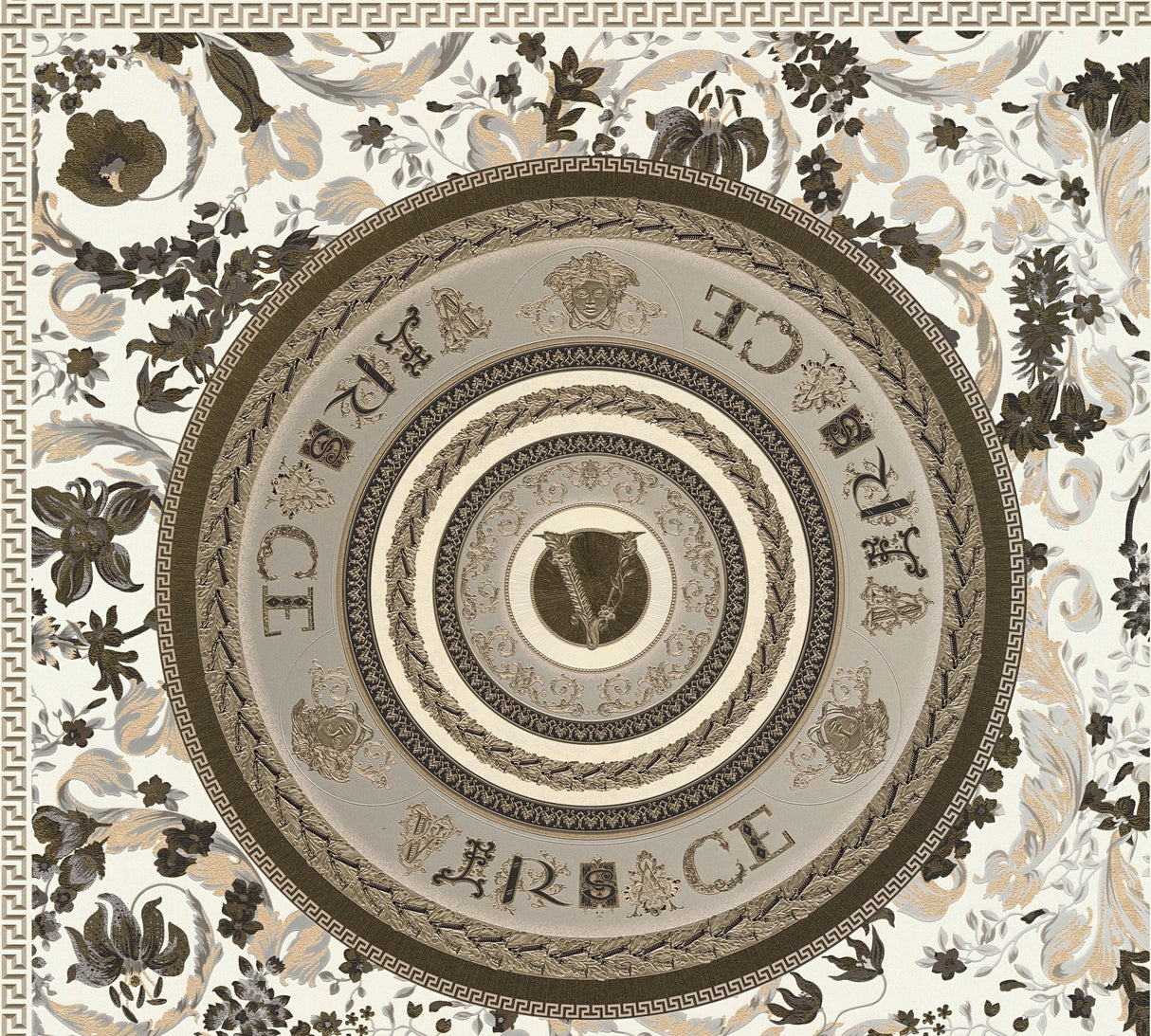 Versace Ember Shale metallic medallion wallpaper with ornate floral and Greek key detailing