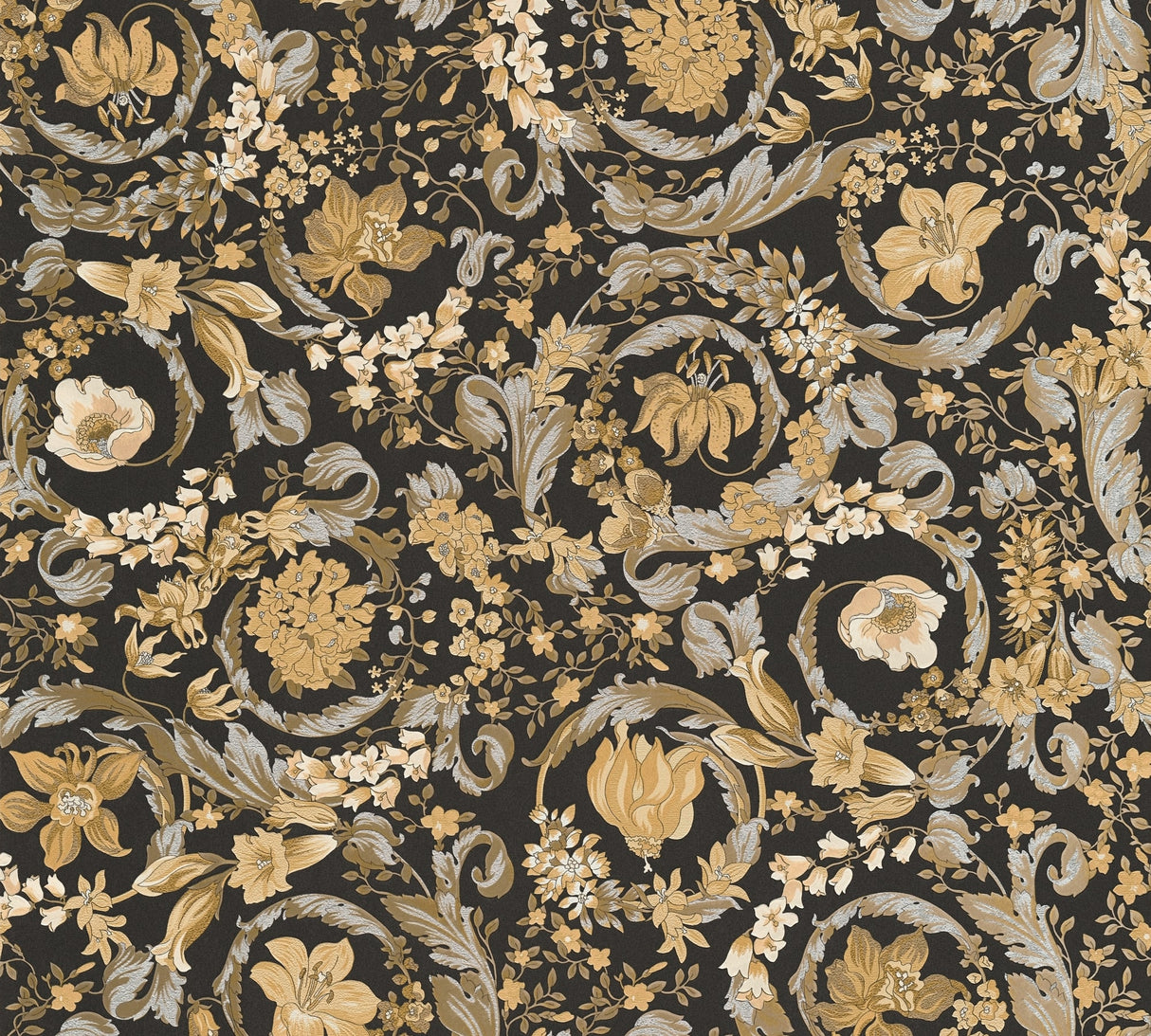 Versace Empress floral wallpaper in Honey Bee with gold and metallic accents on a black background.