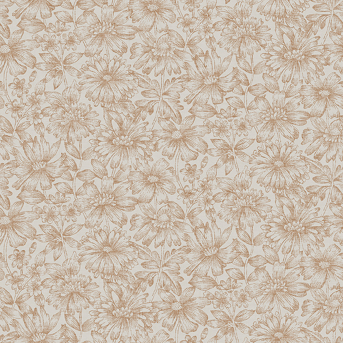 Gabriella Clay by Boråstapeter - Mid-scale floral wallpaper with a textile effect in clay colorway, shown in room and pattern detail.