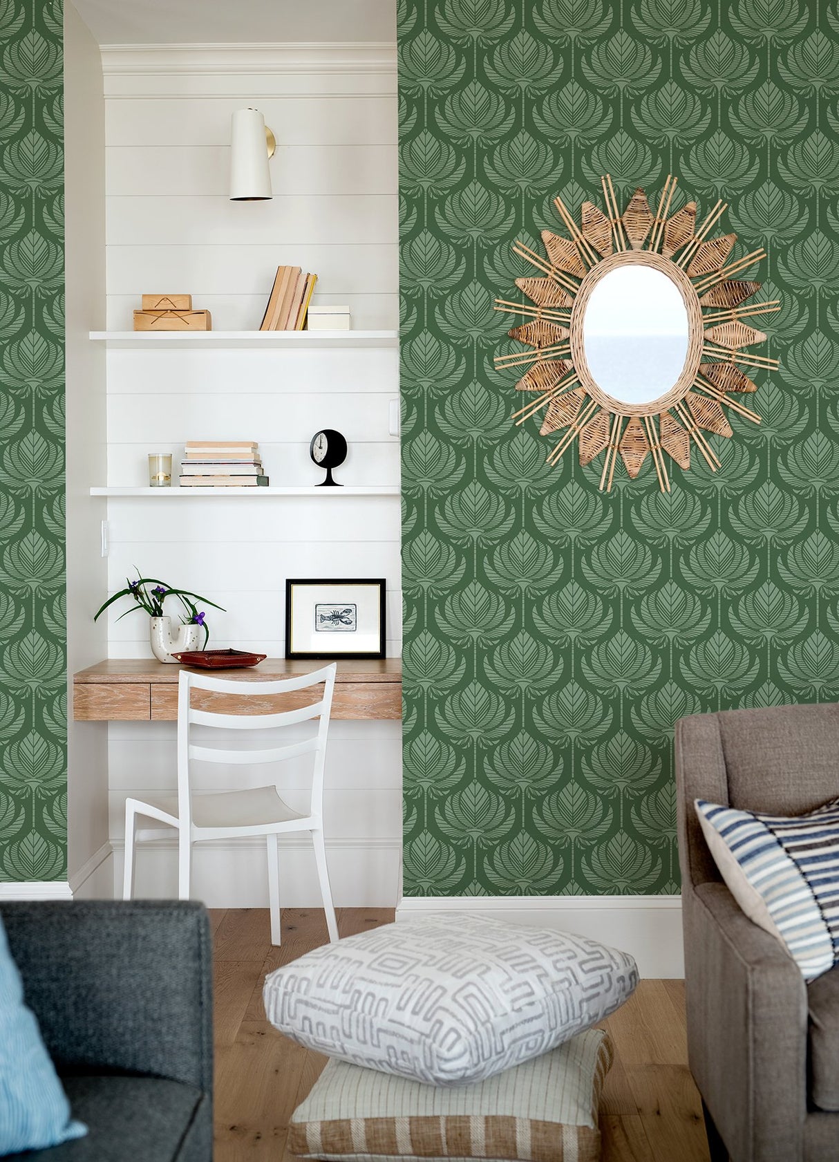 Palmier Green Lotus Fan Wallpaper with Botanical Ogee Motif, Bohemian Style - A-Street Prints 4014-26426