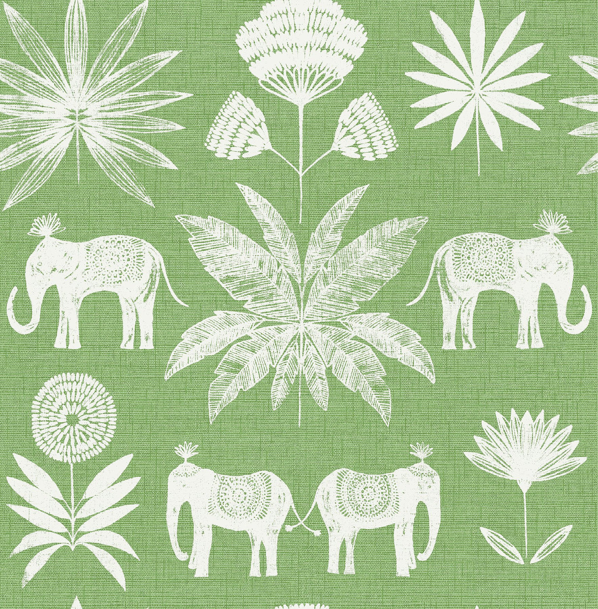 Bazaar Green Elephant Oasis Wallpaper with Bohemian White Elephant and Tropical Motif - A-Street Prints 4014-26435