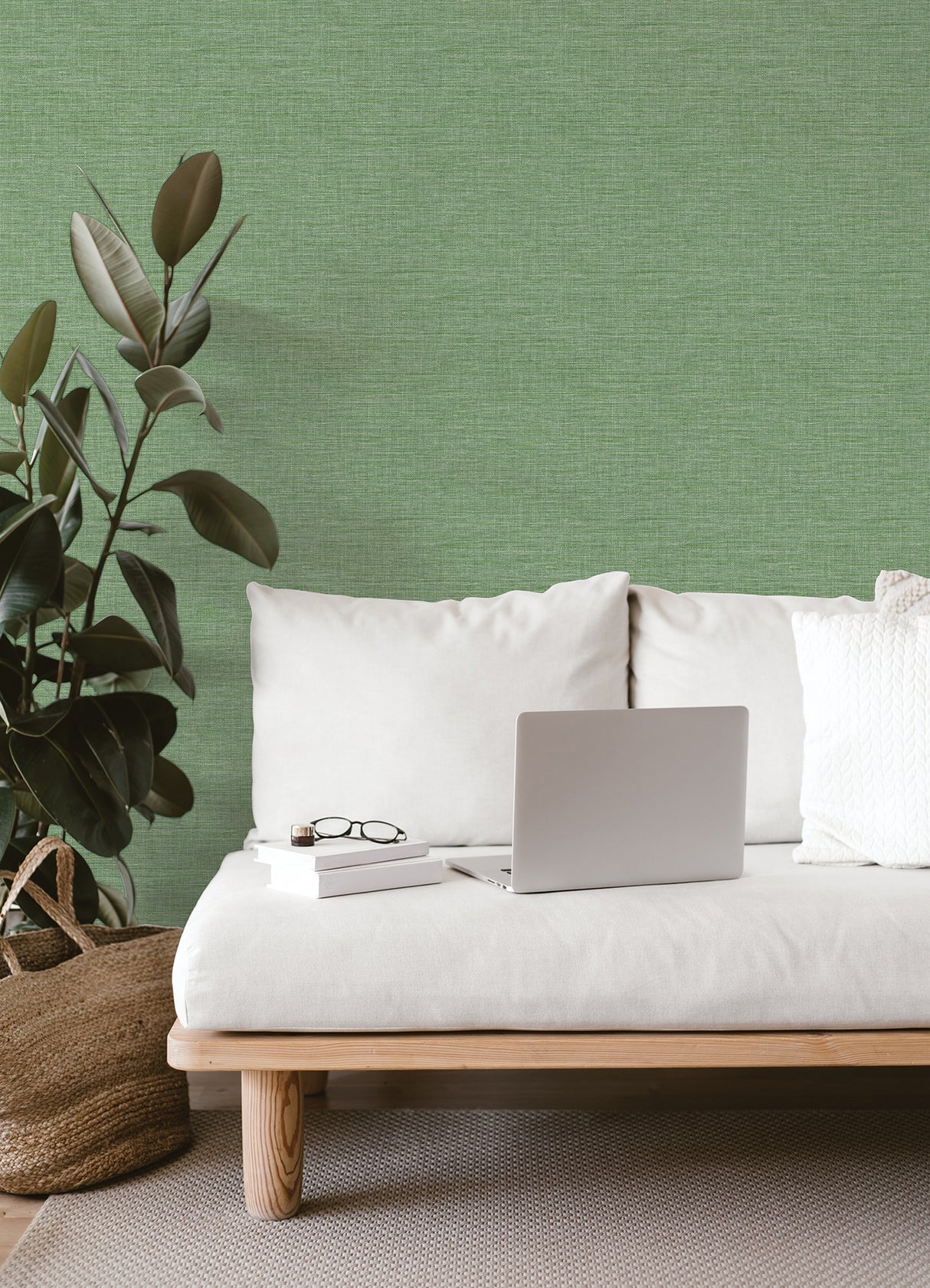 Exhale Green Faux Grasscloth Transitional Non Woven Unpasted Strippable Washable Texture Wallpaper by A-Street Prints - FD26458