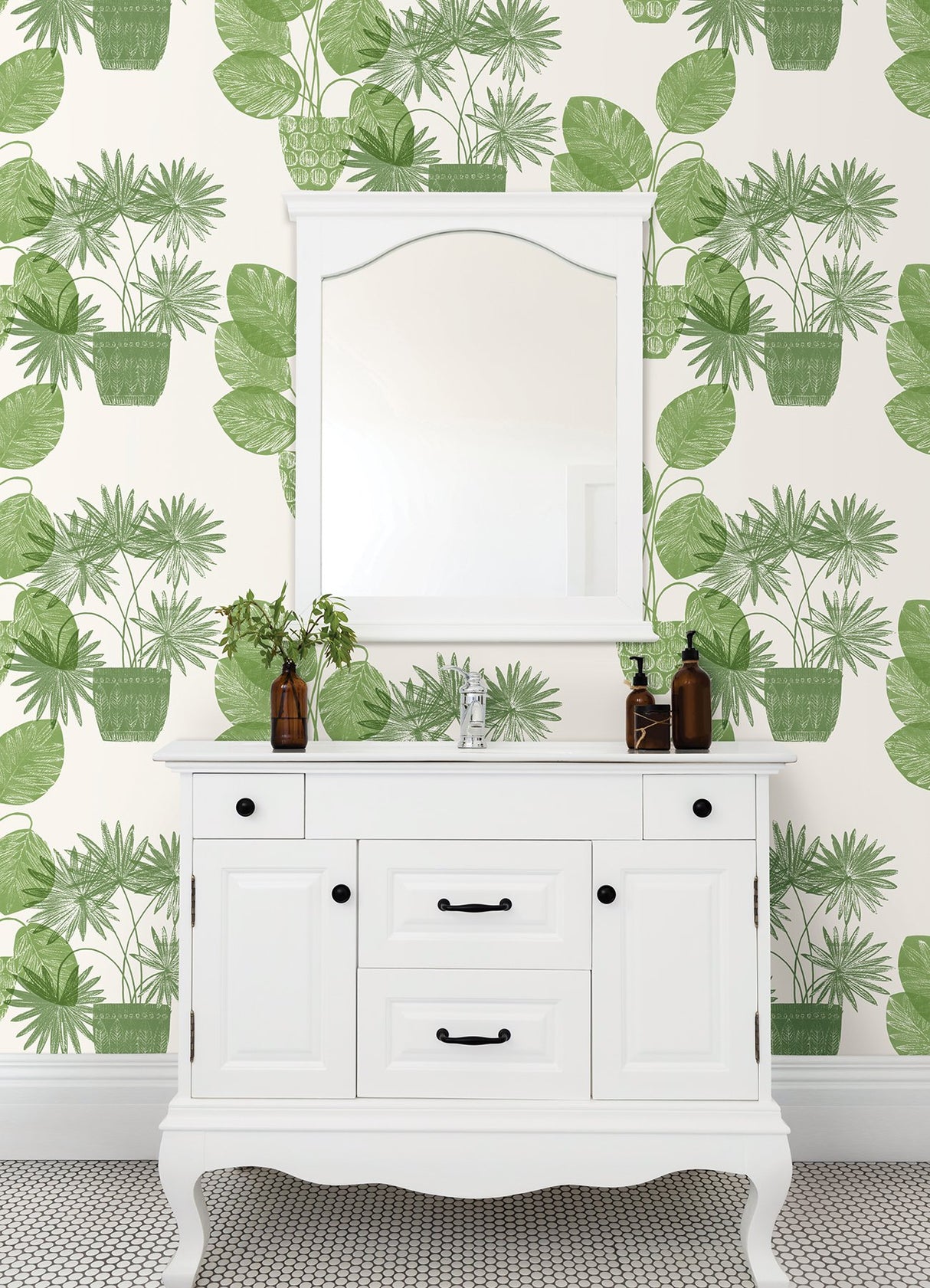 Aida Green Potted Plant Wallpaper with Botanical Bohemian Pattern - Brewster 4014-87558