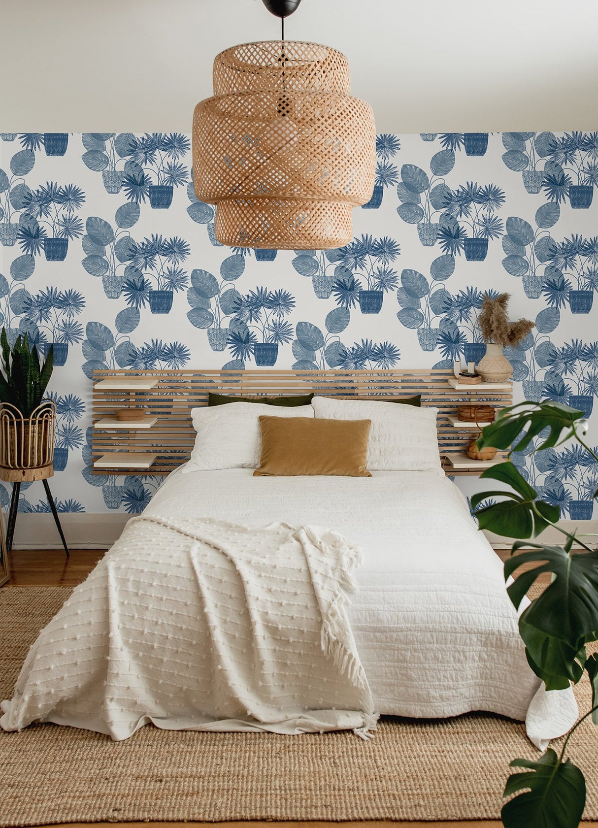 Aida Blue Potted Plant Wallpaper with Botanical Bohemian Pattern - A-Street Prints 4014-87559