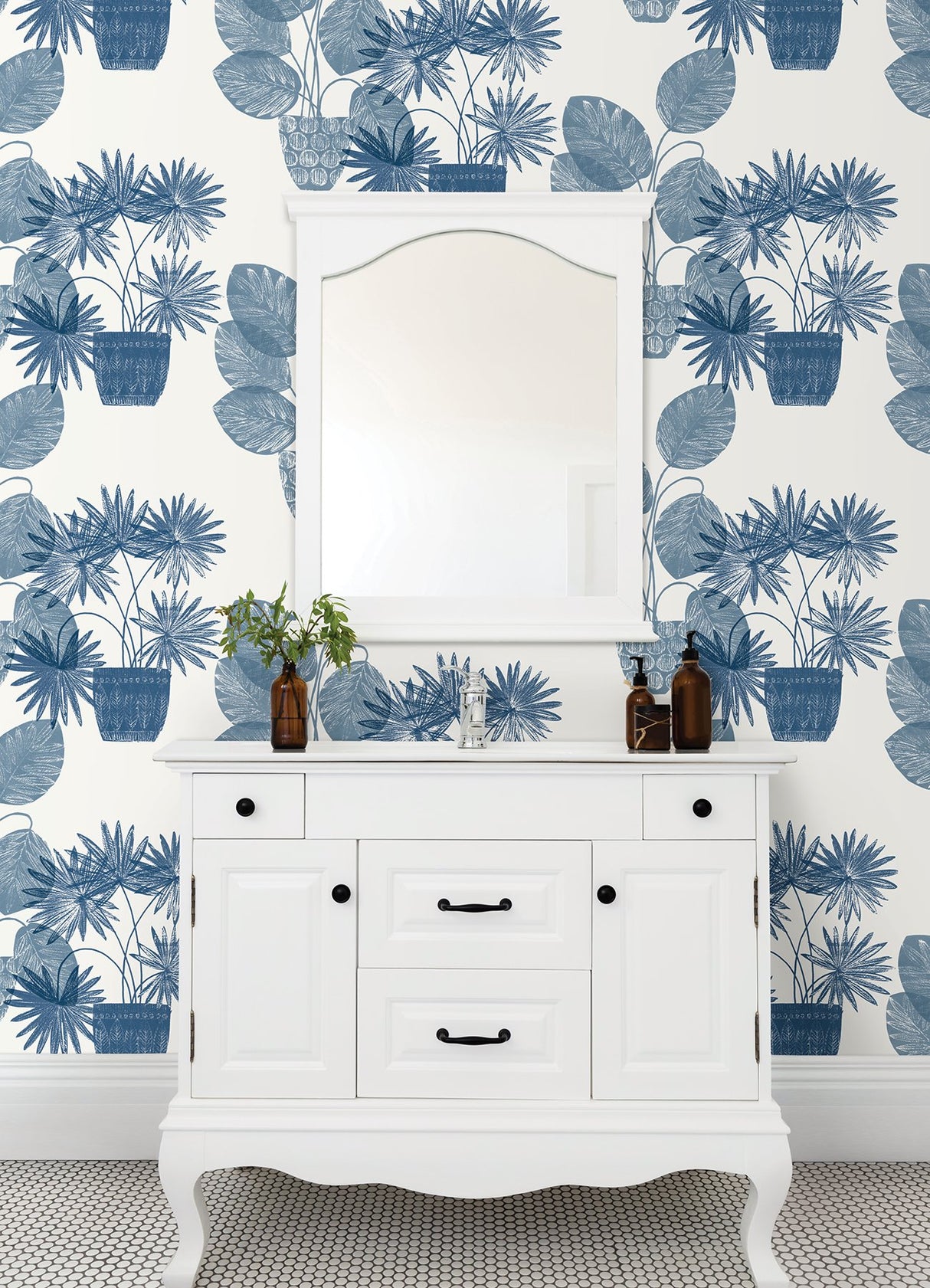 Aida Blue Potted Plant Wallpaper with Botanical Bohemian Pattern - A-Street Prints 4014-87559