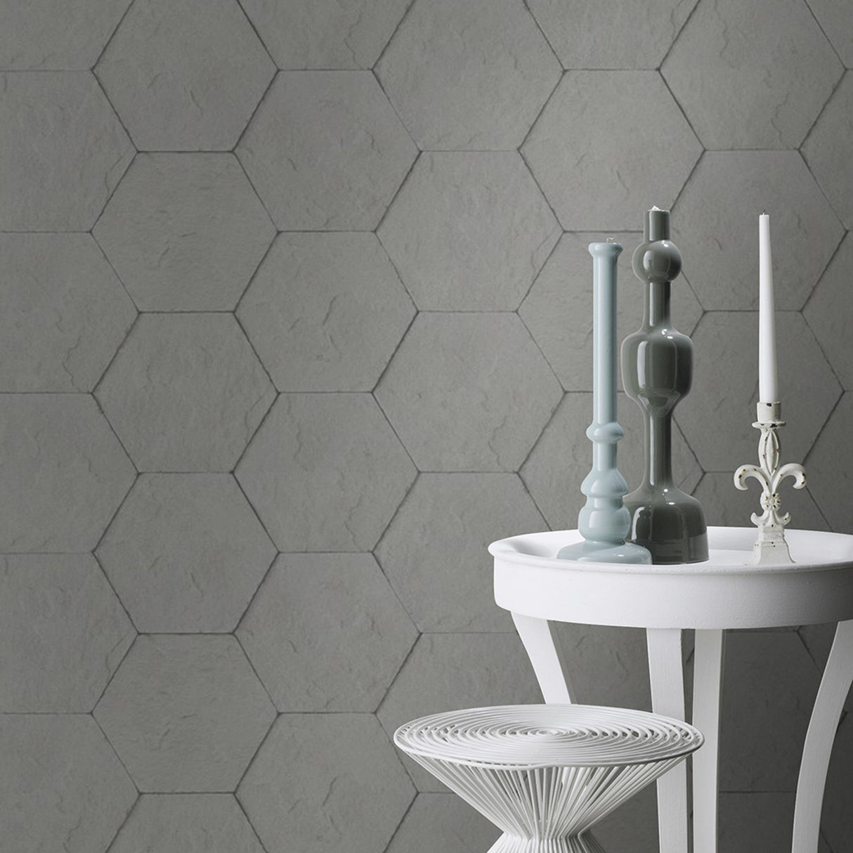 Bascom Dark Grey Stone Hexagon Textured Wallpaper with Modern Graphic Stone Motif - 4015-427127