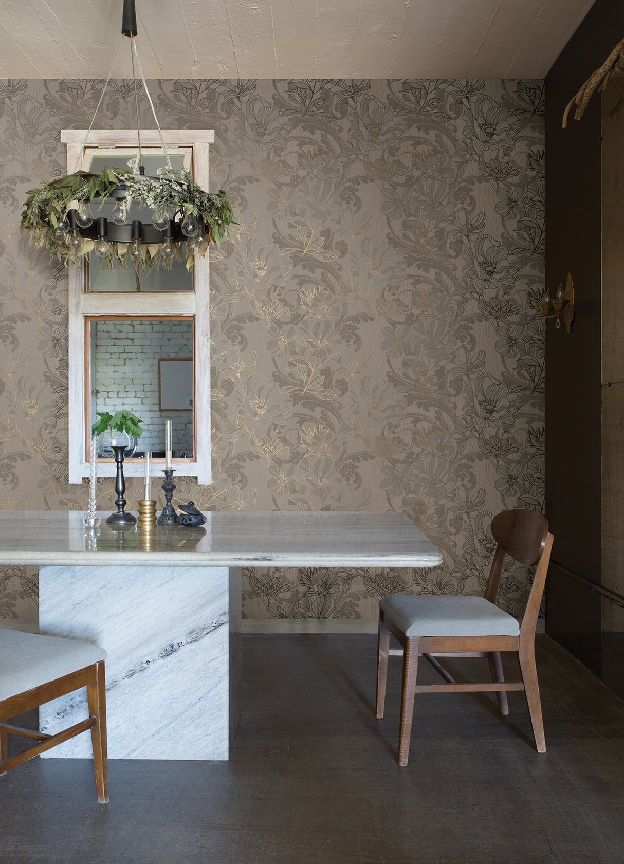 Selene Gold Mucha Floral Wallpaper with Metallic Raised-Ink Botanical Motif - A-Street Prints 4019-86402