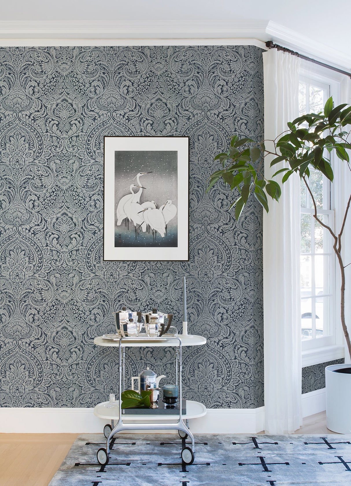 Artemis Sapphire Floral Damask Wallpaper with Metallic Foil Glam Botanical Pattern - A-Street Prints 4019-86442