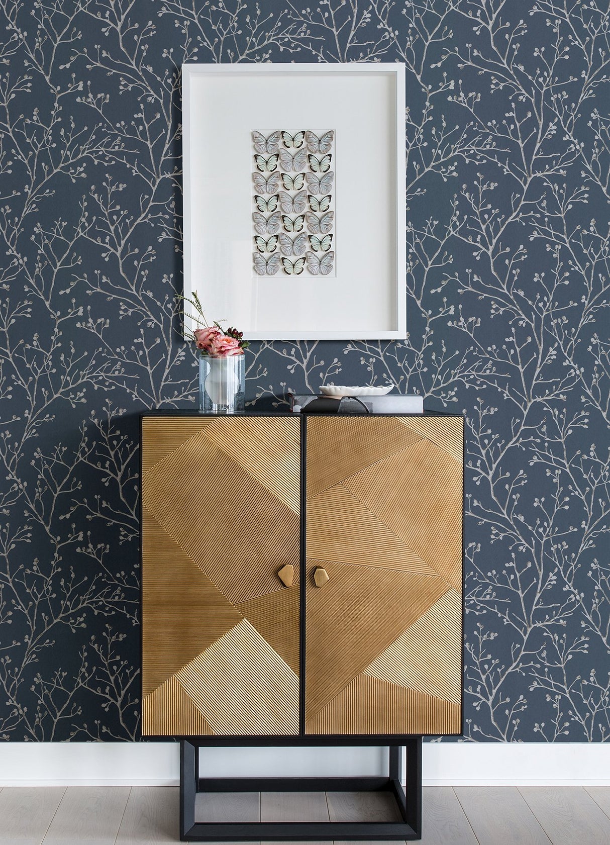 Koura Sapphire Budding Branches Wallpaper with Metallic Foil Botanical Farmhouse Design - Brewster 4019-86455