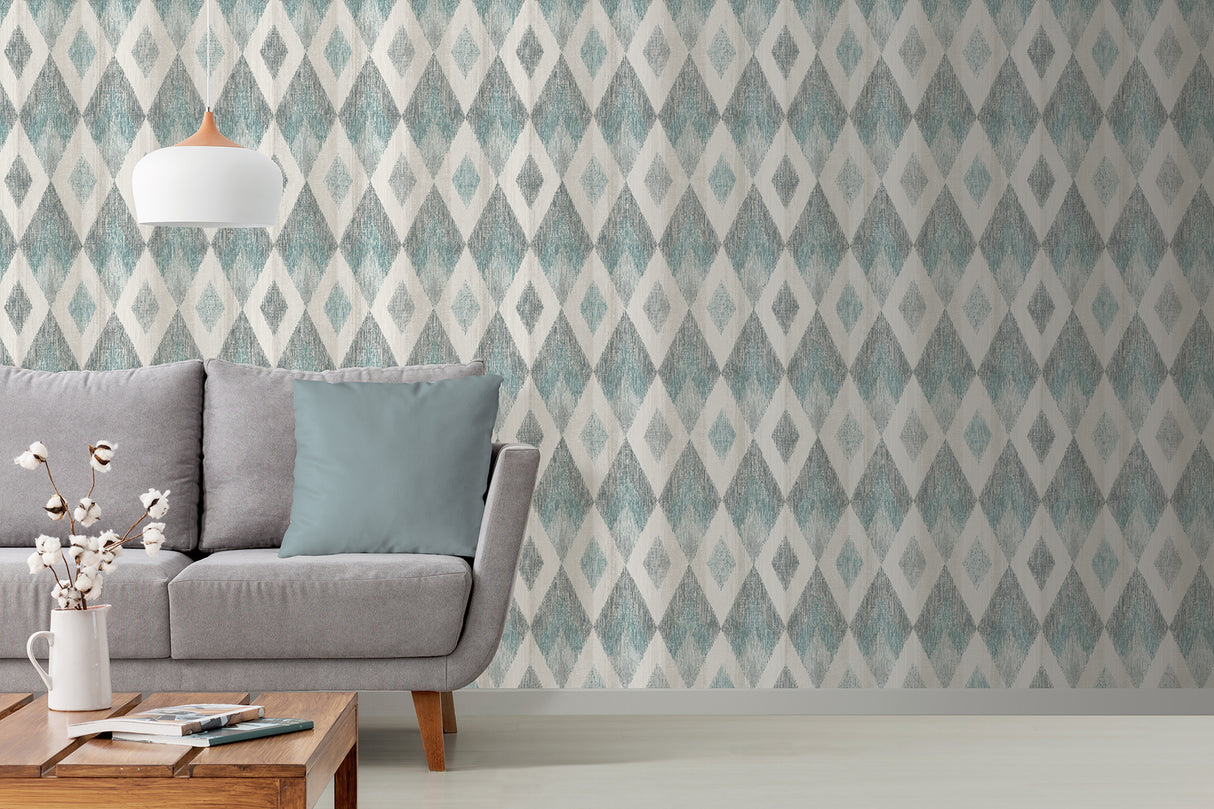 Ace Teal and Grey by Advantage Textured Geometric Diamond Wallpaper – Brewster Home Fashions 4020-96101-Sample