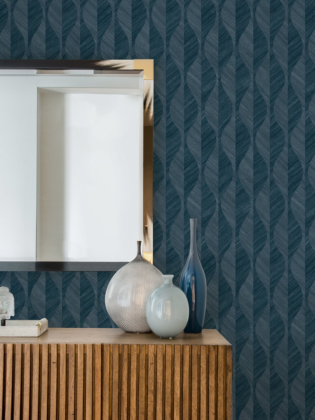Oresome Indigo Ogee Wallpaper with Metallic Raised-Ink Textured Graphics - Advantage 4025-82501