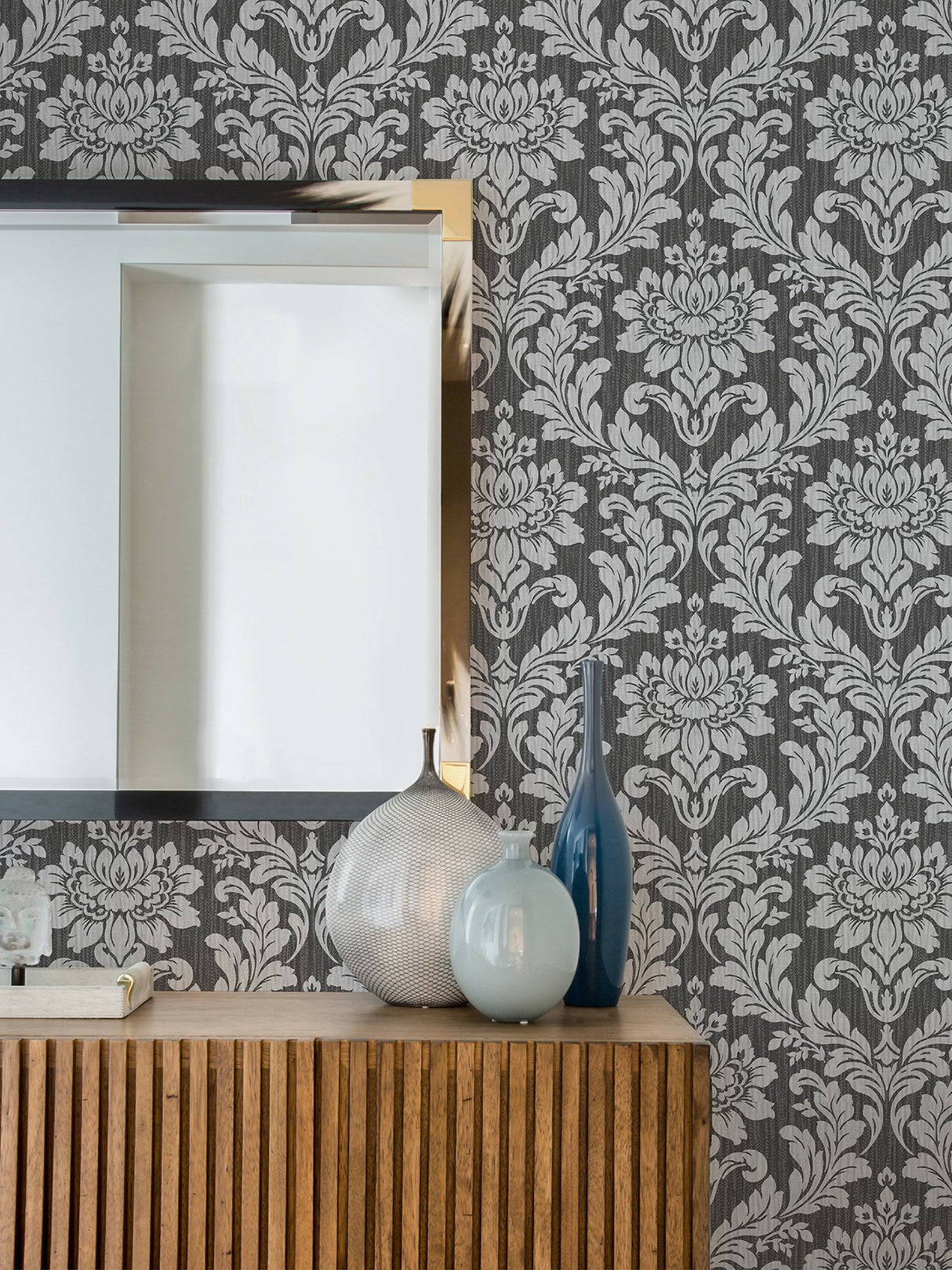 Galois Silver Damask Wallpaper with Metallic Textured Damask Pattern - Advantage 4025-82517