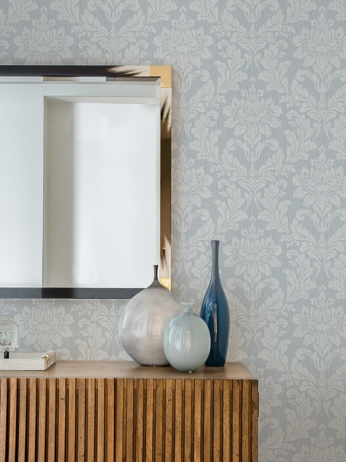 Galois Light Blue Damask Wallpaper with Metallic Raised Textured Ink - Advantage 4025-82521